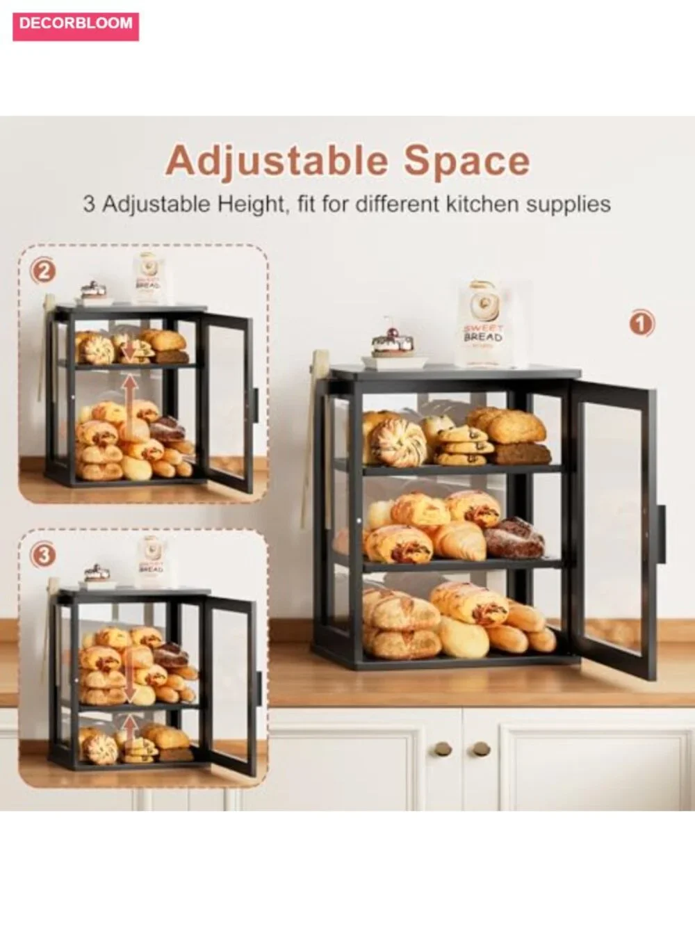 3-Tier Bamboo Bread Box with Transparent Door, Airtight Kitchen Counter Storage